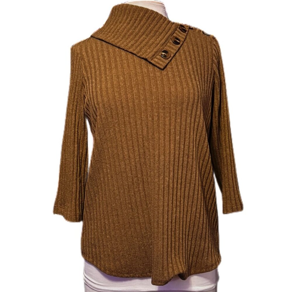 PerSeption Concept Women's Top Sweater Brown 3/4 Sleeve Asymmetric Collar NEW LG